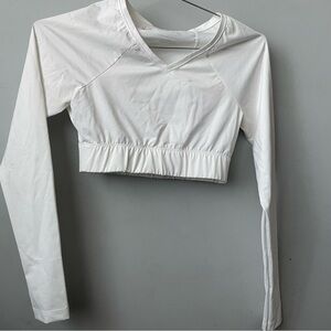 Cropped Long-Sleeve White V-Neck Stretch Crop Top